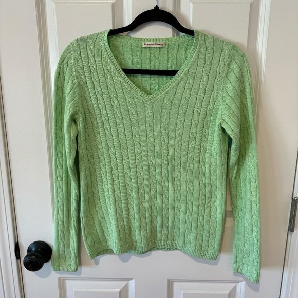 Fairway‎ & Greene Green Cotton V Neck Cable Knit Pullover Sweater - Size Small - Picture 1 of 9
